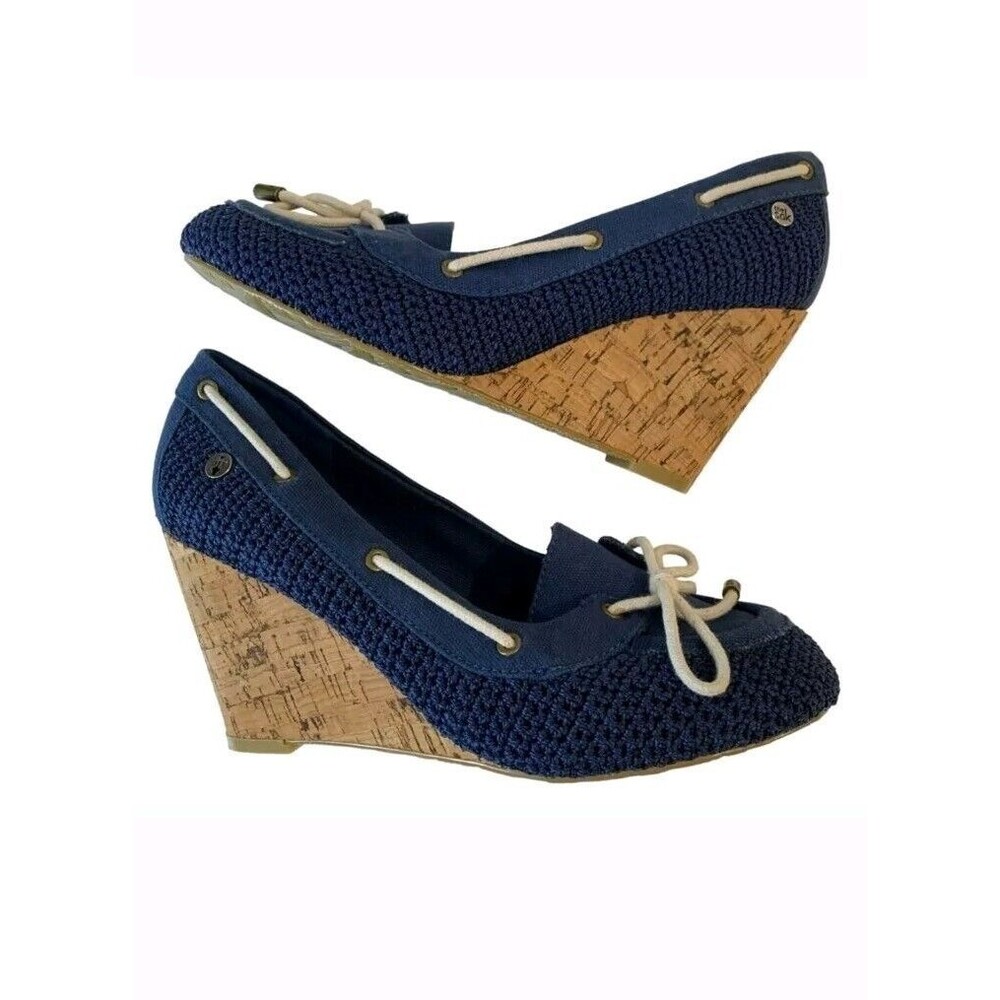 The Sak Newport Katie Women Sz 7 Blue Crochet Canvas Cork Wedge Heel Espadrilles